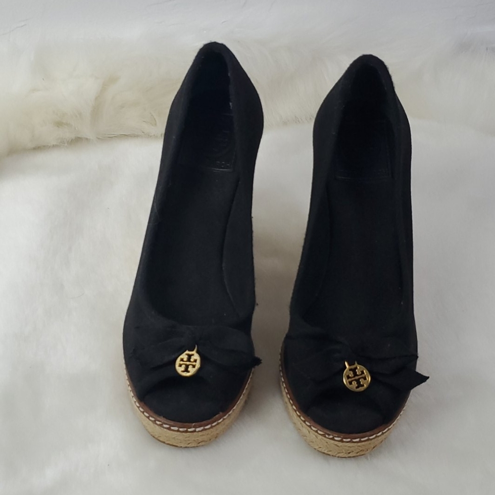 Tory Burch Jackie canvas black wedges platform women size 7.5